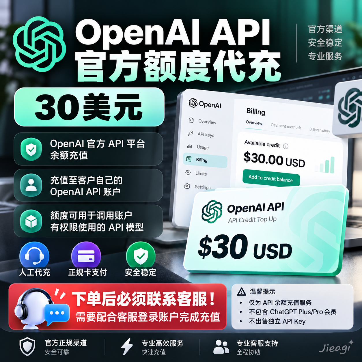 OpenAI API KEY【官方】代充值余额30刀